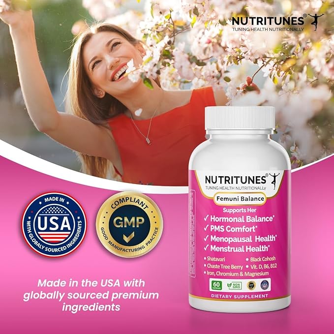Black Cohosh & Vitex (Chasteberry), Shatavari–Menopause & PMS Support Supplements for Women with Hormone Balance Support – Femuni Balance – 60 Vegan Capsules