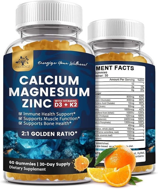 (2 Pack) Calcium Magnesium Zinc Gummies with Vitamin D3, K2, B12 & B6 for Adults, Sugar Free Magnesium Glycinate with Potassium Sea Moss Supplement, Calcium Citrate for Bone Mood & Sleep Support