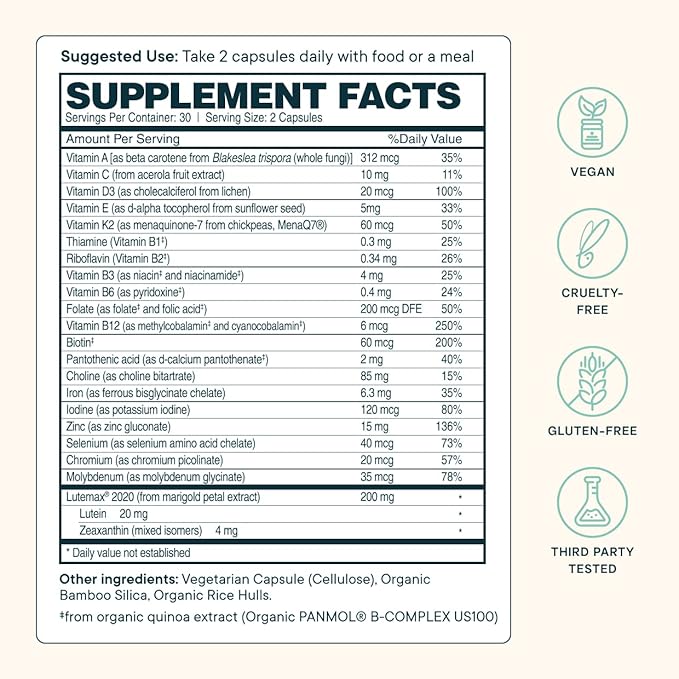 Ora Organic Plant Based Multivitamin for Women and Men, Bluelight Protection - Brain, Eye, Energy, Immune, Skin, Hair, Heart, and Bone Health Support, 60 Vegan Capsules-SeraviaPure