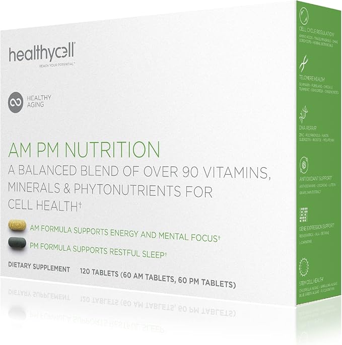Healthycell AM PM, Natural AntiAging Multivitamin for Men, Women, Supports Cell Health, Stem Cells, Energy, Sleep, with Vegetarian Whole Food Vitamins, Antioxidants, Probiotics (30 Servings)-SeraviaPure