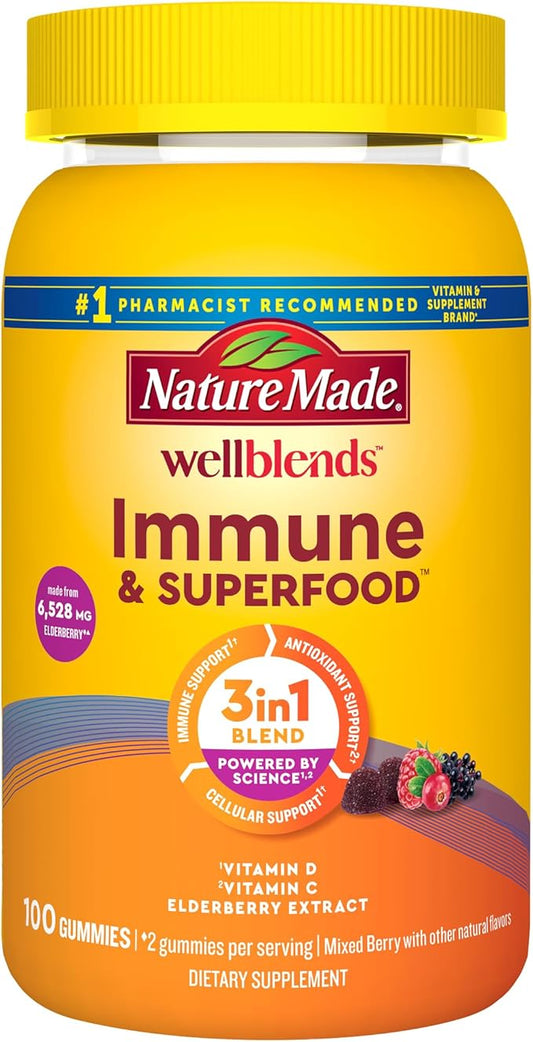 Nature Made Wellblends Immune & Superfood, Elderberry Gummies with Acerola Cherry Extract, Plus Vitamin C + Vitamin D, Immune Support Supplement, 100 Gummy Vitamins-SeraviaPure