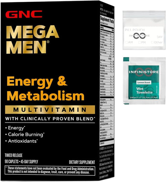 InfiniStore™ Medicine Pouch & Scented Moist Towelette Bundled with GNC Mega Men Multivitamin, Energy & Metabolism, 90 Tablets-SeraviaPure