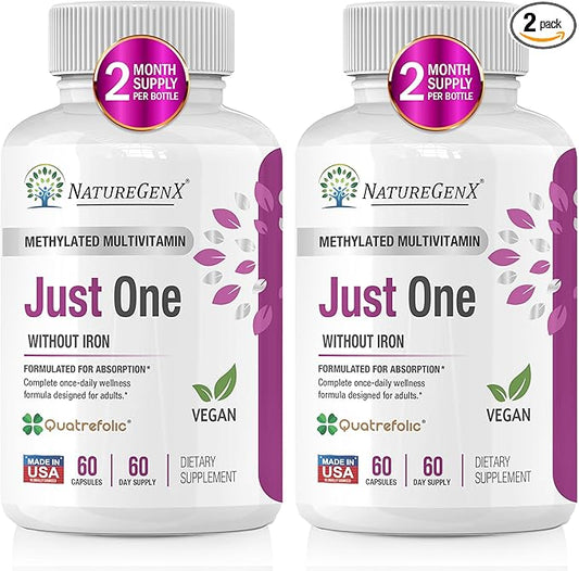 Just One Daily Methylated Multivitamin with Methyl B12, Quatrefolic Methylfolate, Pure MTHFR Supplement for Men and Women Without Iron, 2 Bottles (60 Vegan Capsules), USA-Made-SeraviaPure