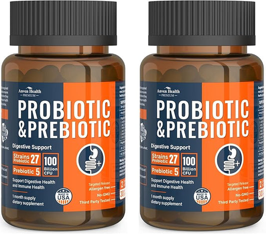 100 Billion Probiotics for Men and Women 27 Strains 5 Organic Prebiotics for Gut Digestive & Immune Health, Supports Diarrhea Gas Bloating, Non-GMO, Zero Fillers – Made in USA丨120 Caps-SeraviaPure