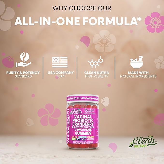 Clean Nutra Vaginal Probiotic Gummies for Women Cranberry Digestive Enzymes D Mannose Womens Probiotic Dmannose Horsetail Bromelain Chicory Fiber Feminine Care Prebiotics Inulin Papaya Enzyme Gummy