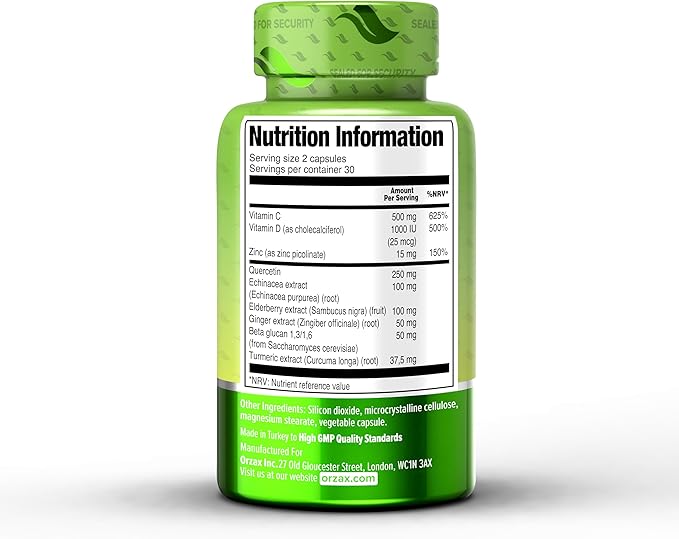 ORZAX 9 in 1 Immune Defense Booster Herbal Supplement, Specialized High Strength Formula - Vitamin C & D, Zinc, Quercetin, Turmeric & Ginger, Echinacea - Non-GMO - 60 Veggie Capsules - 30 Day Supply-SeraviaPure