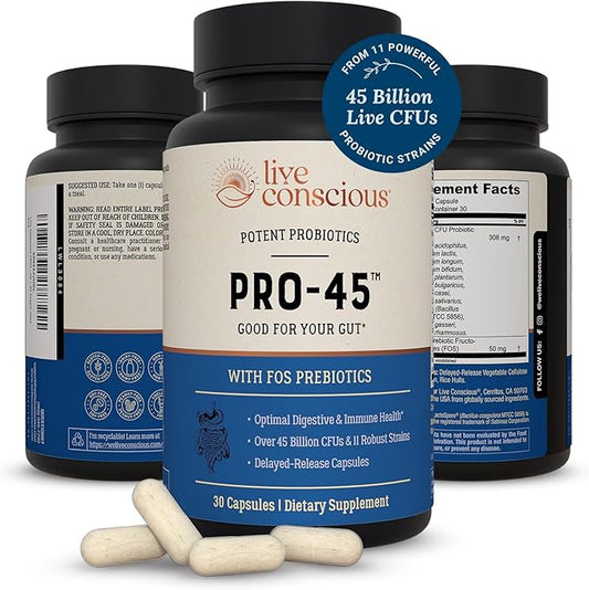 Live Conscious PRO45 Probiotics for Women & Men: Comprehensive Formula, 45 Billion CFU, 11 Strains, Dairy Free - w/Prebiotics and Probiotics - Promotes Immune & Gut Health - 30 Veggie Caps-SeraviaPure