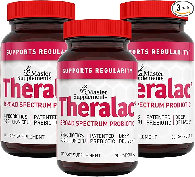 Master Supplements Theralac - 30 Capsules, Pack of 3 - Multi-Strain Probiotic for Optimal Gut Health + Gas & Bloating Relief - Gluten Free - 90 Servings-SeraviaPure