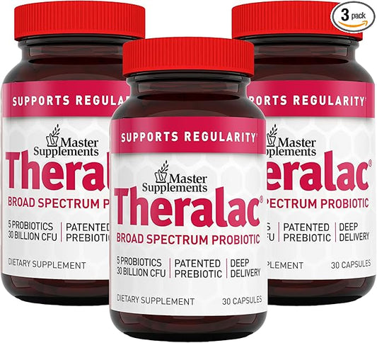 Master Supplements Theralac - 30 Capsules, Pack of 3 - Multi-Strain Probiotic for Optimal Gut Health + Gas & Bloating Relief - Gluten Free - 90 Servings-SeraviaPure
