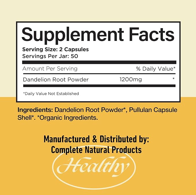 Complete Natural Products Pure Organic Dandelion Root Capsules - 530mg Capsules 100 Pills Dried Dandelion Root Herbal Supplement