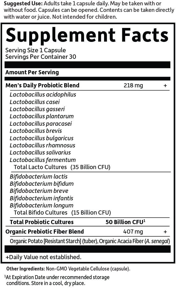 Garden of Life Probiotics for Men Dr Formulated 50 Billion CFU 15 Probiotics for Digestive Health + Organic Prebiotic Fiber for Colon & Immune Support, Daily Gas Relief, Shelf Stable, 30 Capsules-SeraviaPure