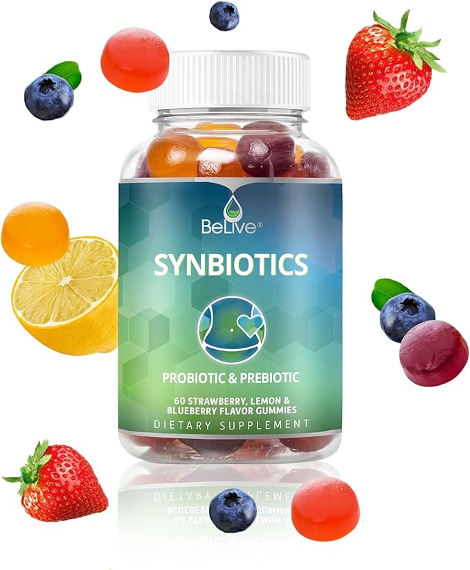 BeLive Synbiotics - Probiotic & Prebiotic Fiber Gummies – High Strength Inulin (3g), Dietary Fiber Supplement, Digestive Support for Kids & Adults - Strawberry, Lemon, Blueberry Flavor (60Ct)-SeraviaPure