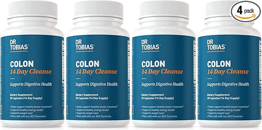 Dr. Tobias Colon 14 Day Cleanse, Advanced Gut Cleanse Detox for Women & Men with Cascara Sagrada, Psyllium Husk, Senna Leaf & Probiotics, Non-GMO Colon Cleanse, 4 Bottles of 28 Capsules (1-2 Daily)-SeraviaPure