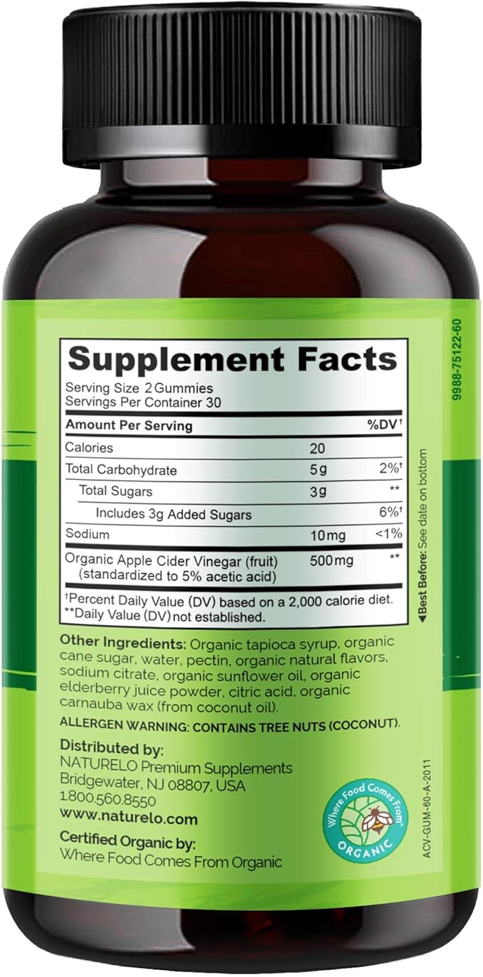 NATURELO Apple Cider Vinegar Gummies, Certified Organic, Vegan - 60 Gummies-SeraviaPure