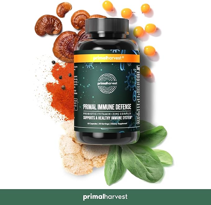 Primal Harvest Primal Immune Defense 10-in-1 Immune Defense Supplement: with 7 Billion CFU Probiotics, Zinc, Vitamins C, B6, D3, K2 - Immune Boosters for Adults 60 Capsules (1 Pack)-SeraviaPure