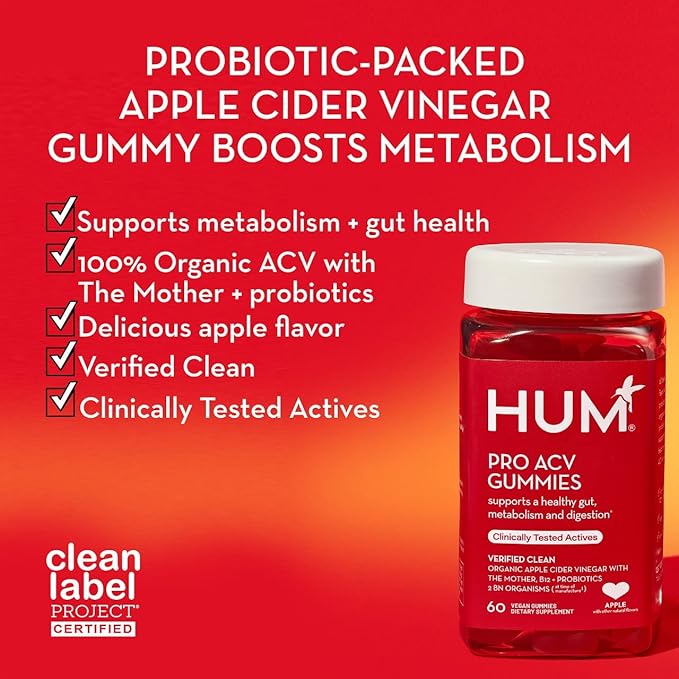 HUM Pro ACV Gummies -100% Organic Apple Cider Vinegar with The Mother, Probiotics for Digestive Health & B12 for Metabolism Support (60 Count)-SeraviaPure
