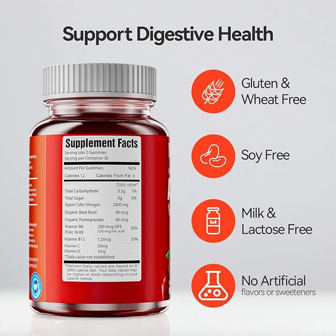 Apple Cider Vinegar Gummies, 2400 MG ACV Gummies with Multivitamin, Vegan, Non-GMO, Gluten Free, 60 Gummies-SeraviaPure