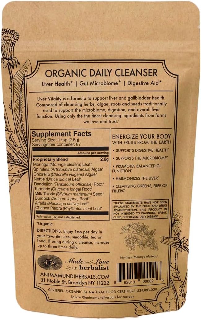 Anima Mundi Apothecary Super Greens Powder - Liver Vitality - Organic Superfood Greens & Herbal Prebiotics for Liver Detox, Cleanse & Support - with Fair Trade Dandelion, Milk Thistle & More (8oz)-SeraviaPure