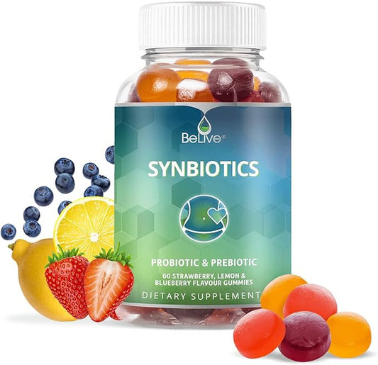 BeLive Synbiotics - Probiotic & Prebiotic Fiber Gummies – High Strength Inulin (3g), Dietary Fiber Supplement, Digestive Support for Kids & Adults - Strawberry, Lemon, Blueberry Flavor (60Ct)-SeraviaPure