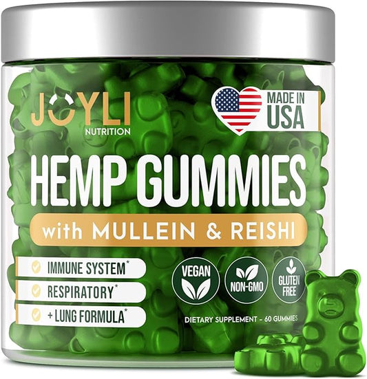JOYLI Hemp Gummies - Natural Lung Cleanse with Mullein Leaf & Reishi Mushroom - Extra Strength Clean Lung Support Supplement with Vitamins A, C, D & E - Sugar-Free, Vegan, Non-GMO - 60 Edibles-SeraviaPure