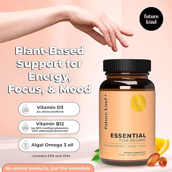 Future Kind Vegan Multivitamins - Glass Bottle & Made for Vegans w/Omega 3 DHA+EPA, Vitamin B12 & D3 - Vegan Vitamin for Energy, Focus, & Mood - Vegan Vitamins for Women & Men, 60 Tiny Softgels-SeraviaPure