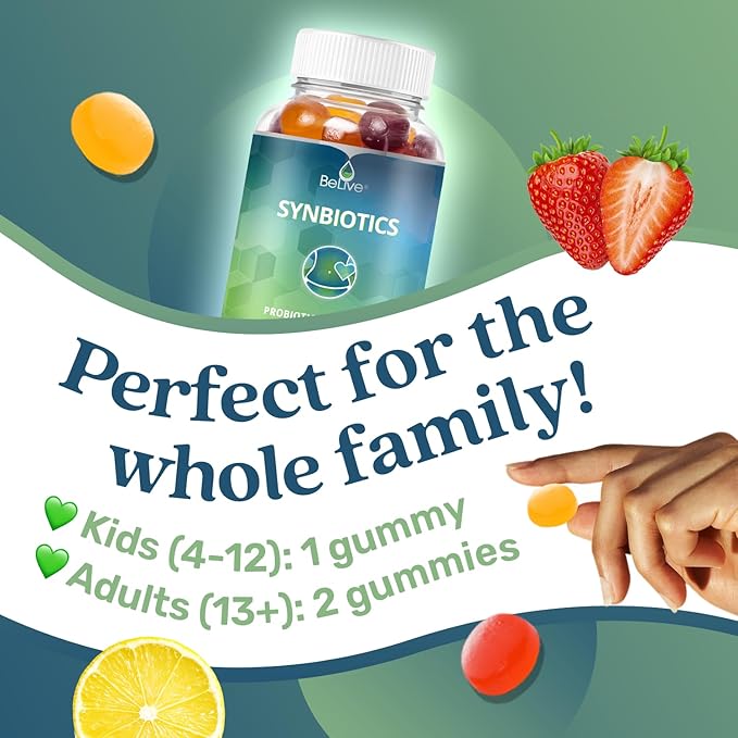 BeLive Synbiotics - Probiotic & Prebiotic Fiber Gummies – High Strength Inulin (3g), Dietary Fiber Supplement, Digestive Support for Kids & Adults - Strawberry, Lemon, Blueberry Flavor (60Ct)-SeraviaPure