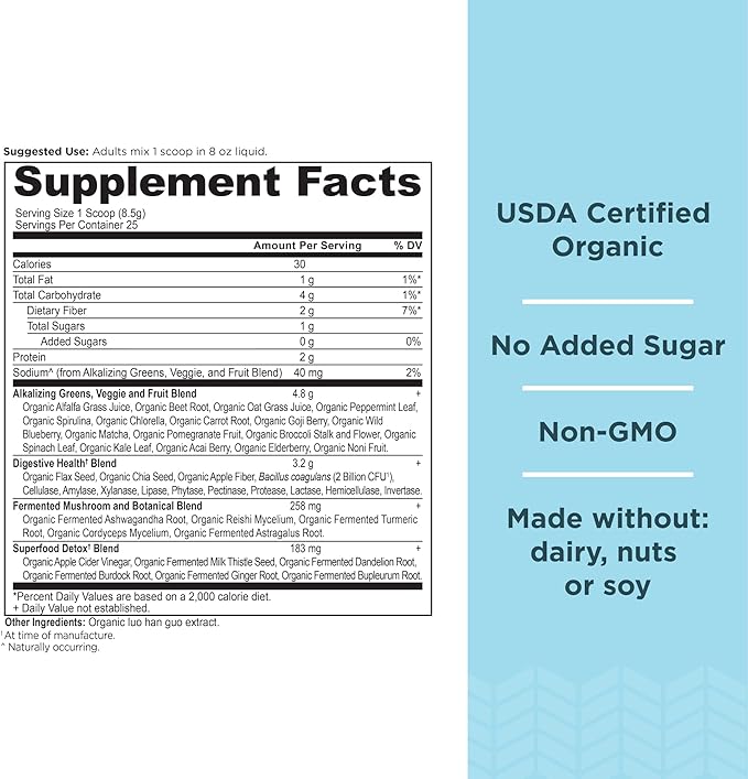 Supergreens Alkalize & Detox Powder by Ancient Nutrition, Organic Superfood Powder Made from Real Fruits, Vegetables and Herbs, for Digestive and Energy Support, 25 Servings, 7.5oz-SeraviaPure