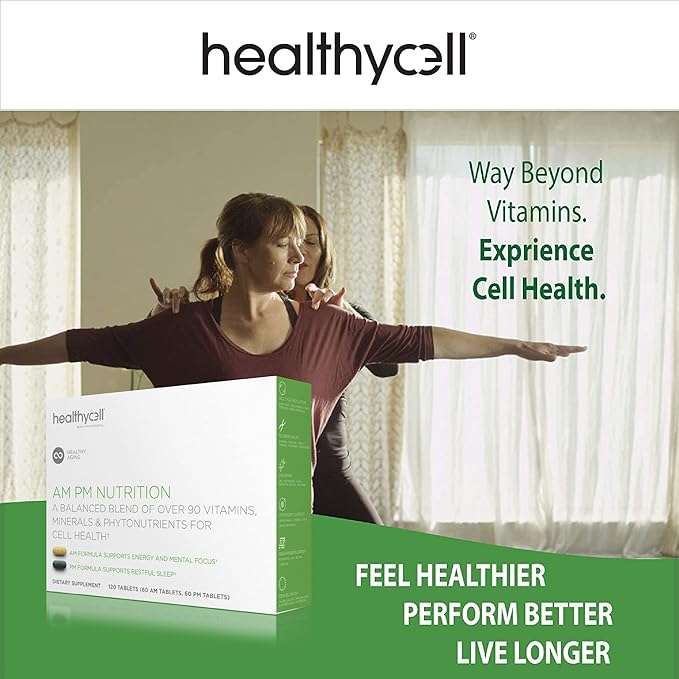 Healthycell AM PM, Natural AntiAging Multivitamin for Men, Women, Supports Cell Health, Stem Cells, Energy, Sleep, with Vegetarian Whole Food Vitamins, Antioxidants, Probiotics (30 Servings)-SeraviaPure