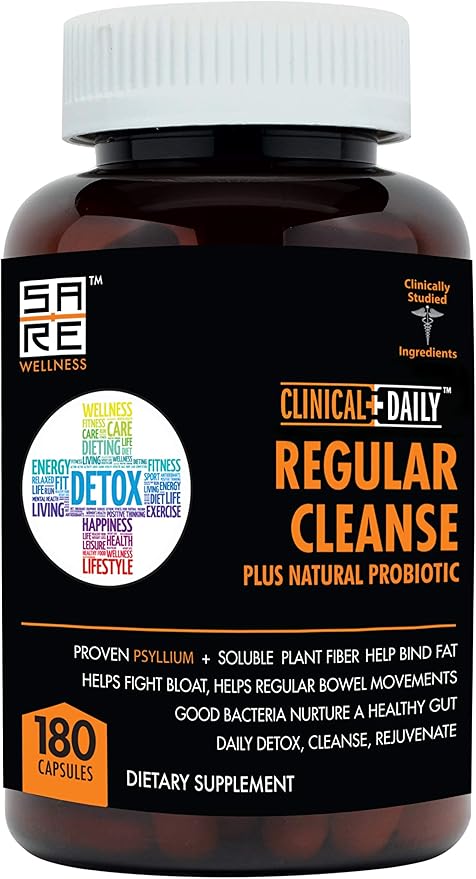 Clinical Daily Regular Cleanse Plus Natural Probiotic - Colon Cleanse & Gut Detox Supplement - Assists with Energy and Constipation Relief - Herbal Dietary Fiber Psyllium Husk Capsules - 180 Count-SeraviaPure