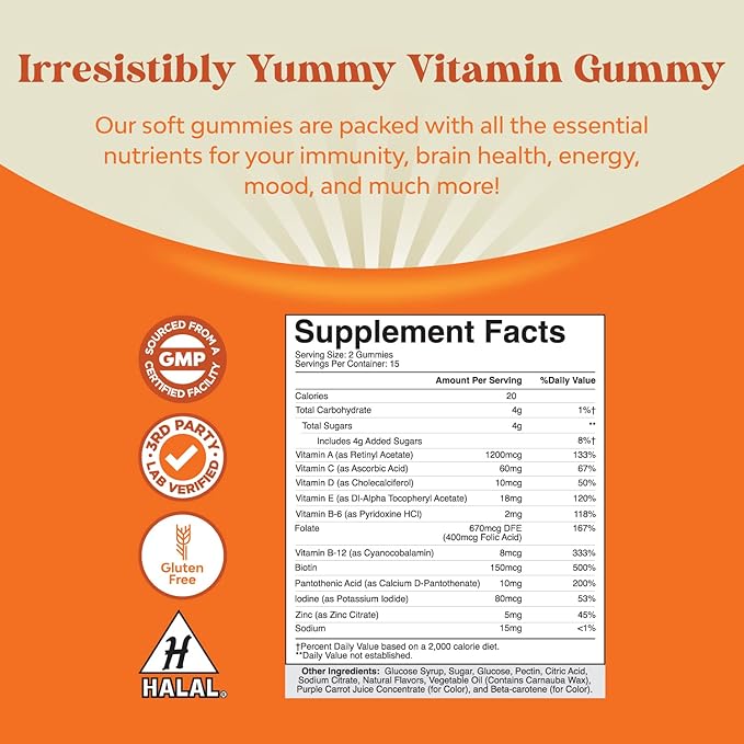 Potent Daily Multivitamin Gummies for Adults - Wellness Blend of Vitamin D A C E B12 Zinc and Biotin - Adult Vitamin Gummy for Energy and Immunity - Non-GMO Gluten Free and Halal Gummies 30 Count-SeraviaPure