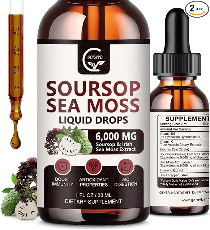(2 Pack) Soursop Graviola Liquid Drop, Soursop Multivitamin Liquid with Sea Moss & Turmeric, 98% Absorption Soursop Bitters Liquid for Cell Support & Regeneration, Immune Boost and Liver, 1 Fl Oz-SeraviaPure