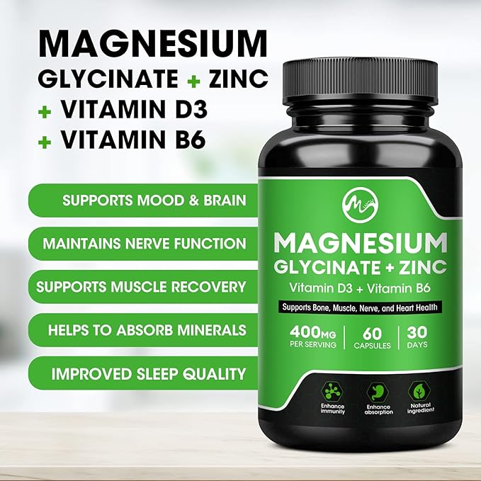 (2 Pack) Magnesium Glycinate Capsules, Magnesium Supplement 400 mg with Zinc,Vitamin D3 & B6 - Highly Bioavailable and Absorption - Bone,Heart,Joint,Immune Support - 120 Vegan Capsules for Women & Men-SeraviaPure