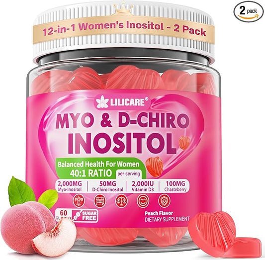Inositol Gummies for Women + Chasteberry, Myo-Inositol & D-Chiro Inositol 2000mg + 50mg Ideal 40:1 Ratio with Methylated B12 & Folate, Choline, Magnesium, Vitamin D3 for Overall Health, Pack of 2
