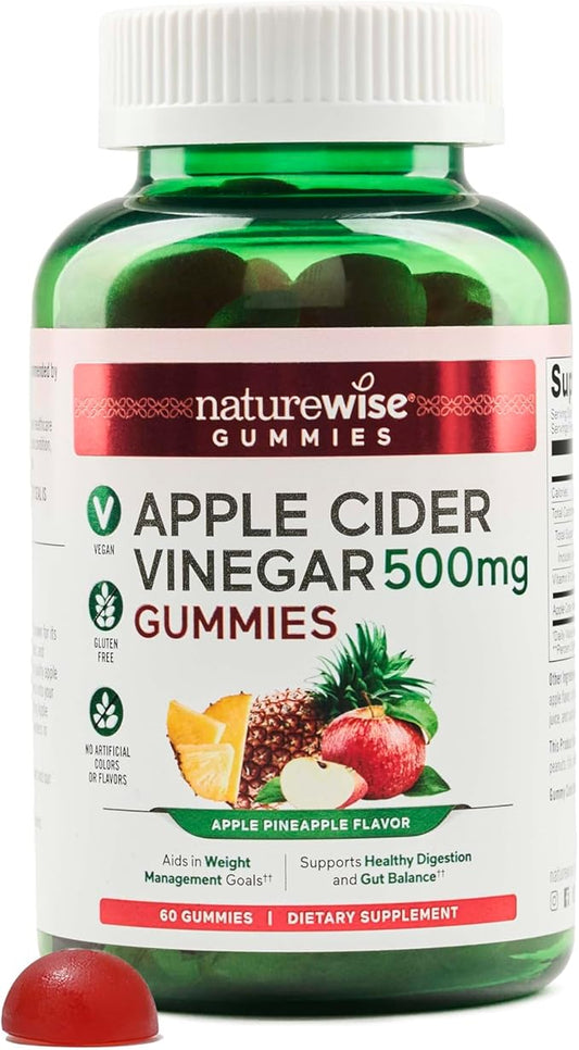 NatureWise Apple Cider Vinegar Gummies - 500mg ACV Gummies with Vitamin B12 - Apple-Pineapple Flavor - Support for Energy & Gut Health - Vegan, Gluten-Free, Non-GMO - 60 Gummies[2-Month Supply]-SeraviaPure