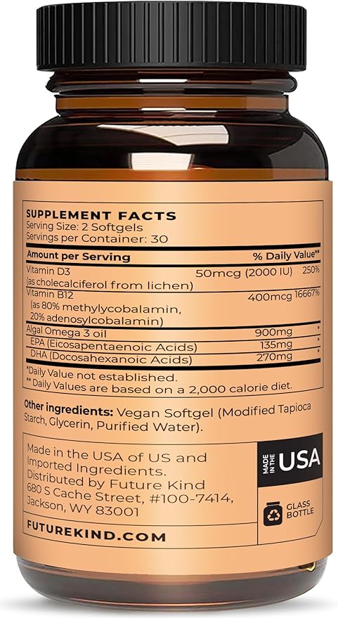 Future Kind Vegan Multivitamins - Glass Bottle & Made for Vegans w/Omega 3 DHA+EPA, Vitamin B12 & D3 - Vegan Vitamin for Energy, Focus, & Mood - Vegan Vitamins for Women & Men, 60 Tiny Softgels-SeraviaPure
