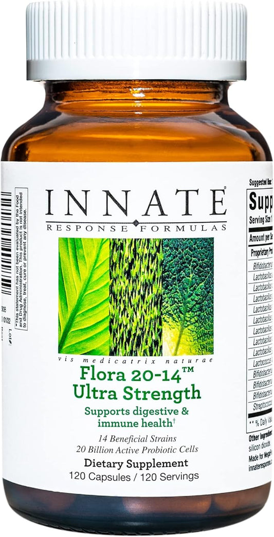 Innate Response Formulas Flora 20-14 Ultra Strength - Probiotic Supplement with 20 Billion CFU - 14 Probiotic Strains - Vegan and Non-GMO - Made Without 9 Food Allergens - 120 Caps-SeraviaPure