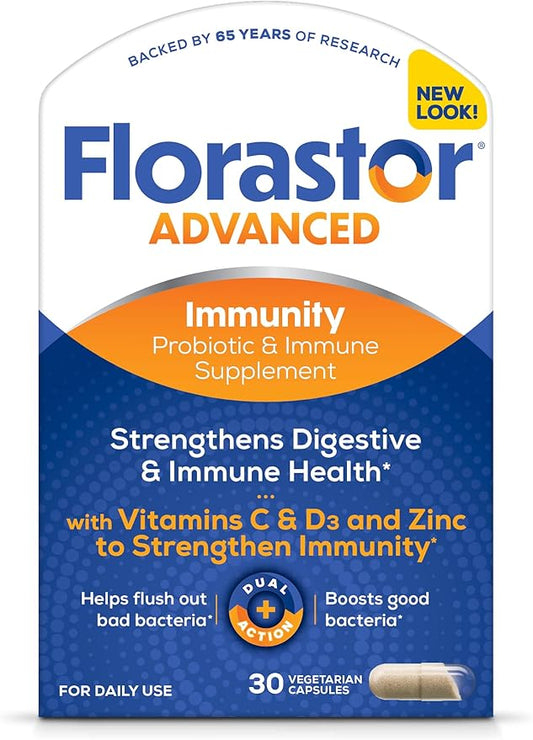 Florastor Select Immunity Boost Daily Probiotic & Immune Support Supplement for Women and Men, Saccharomyces Boulardii CNCM I-745 Plus Zinc, Vitamin C & D3 (30 Capsules)-SeraviaPure