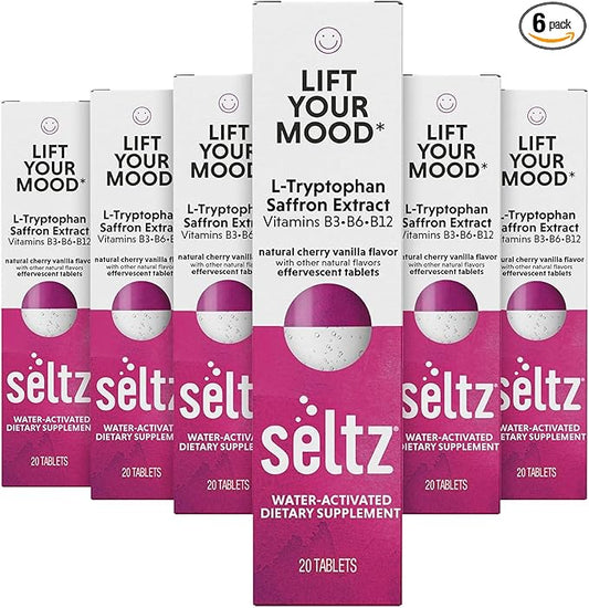 Seltz® Water-Activated Vitamins - Lift Your Mood with L-Tryptophan, Saffron Extract and Vitamins B3 B6 B12 – Natural Cherry Vanilla Flavor Dietary Supplement - 6 Packs x 20 Effervescent Tablets Each