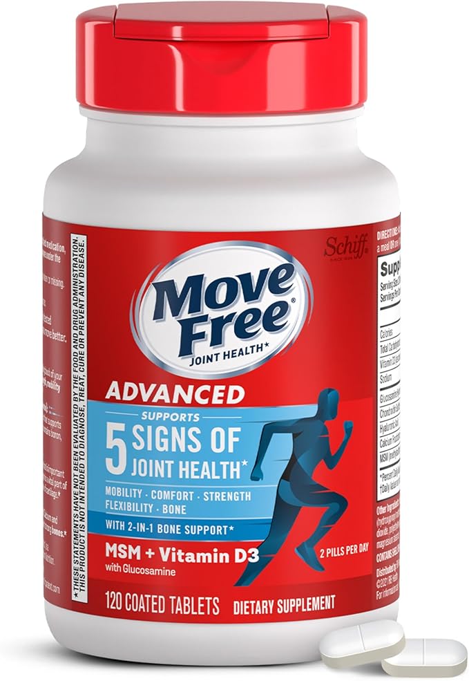 Move Free Advanced Glucosamine Chondroitin MSM + Vitamin D3 Joint Support Supplement, Supports Mobility Comfort Strength Flexibility & Bone + Immune Health - 120 Tablets (60 servings)*-SeraviaPure
