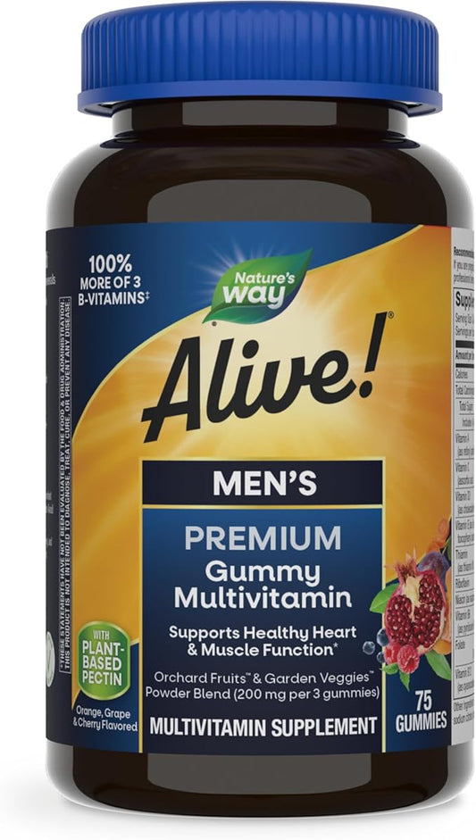 Nature's Way Alive! Men's Premium Gummy Multivitamin, Supports Healthy Heart, Muscle Function*, Full B-Vitamin Complex, Orange, Grape, Cherry Flavored, 75 Gummies (Packaging May Vary)-SeraviaPure