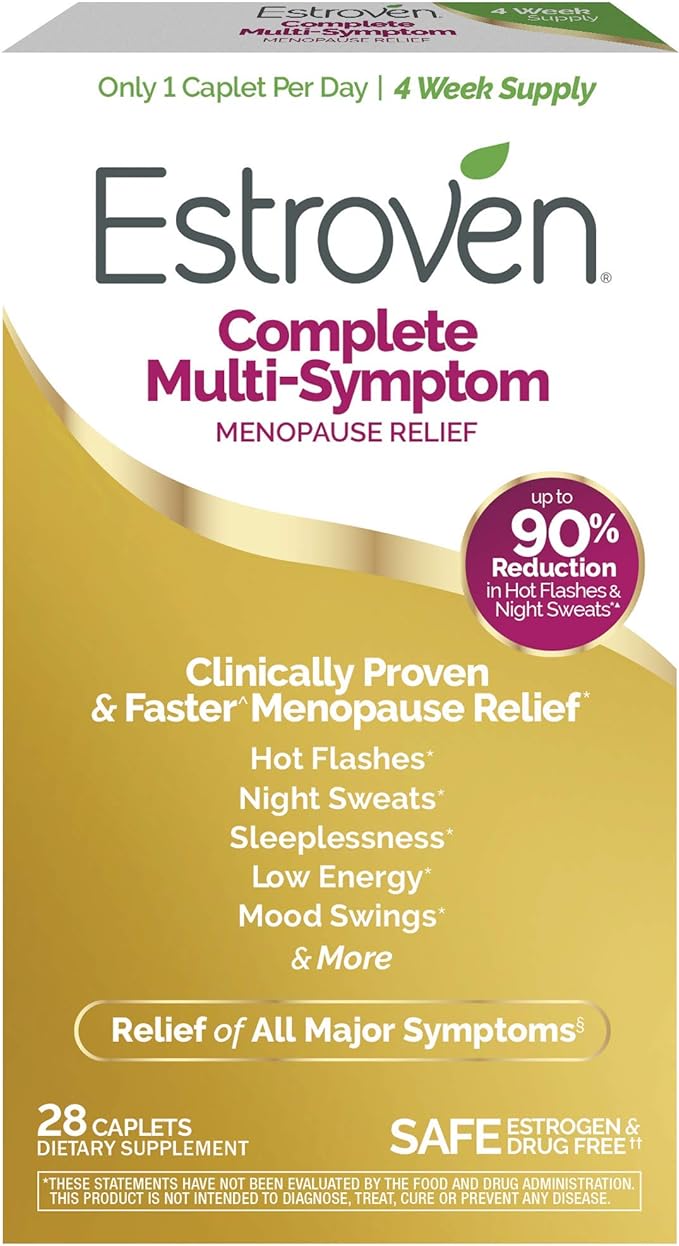Estroven Complete Multi-Symptom Menopause Supplement for Women, 28 Ct., Clinically Proven Ingredient Provide Menopause Relief & Night Sweats & Hot Flash Relief, Drug-Free & Non-GMO-SeraviaPure