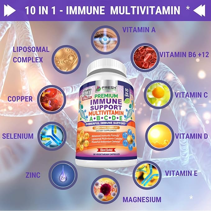 Immune Support Multivitamin for Men and Women with Vitamins A, B, C, D, E, B6, B12 - Zinc, Magnesium and Copper with Liposomal Complex for Enhanced Absorption - Daily Antioxidant Boost - 90 Vegan Caps-SeraviaPure