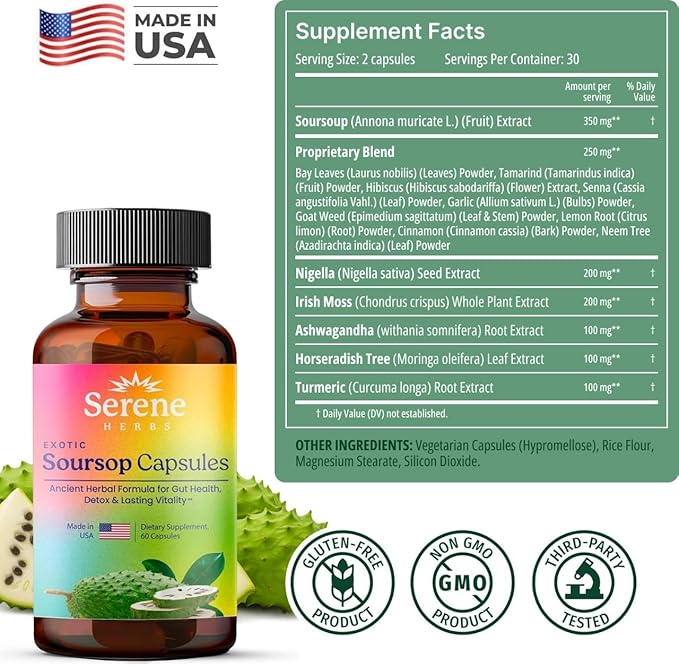 Graviola Soursop Capsules Organic - Guanabana Extract Pills with Black Seed, Irish Moss & Moringa - 16 Herb Daily Supplements & Digestive Support - Vegan, Non-GMO - 7,000 mg - 60 Count