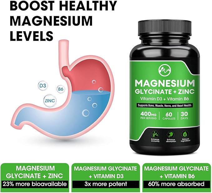 (2 Pack) Magnesium Glycinate Capsules, Magnesium Supplement 400 mg with Zinc,Vitamin D3 & B6 - Highly Bioavailable and Absorption - Bone,Heart,Joint,Immune Support - 120 Vegan Capsules for Women & Men-SeraviaPure