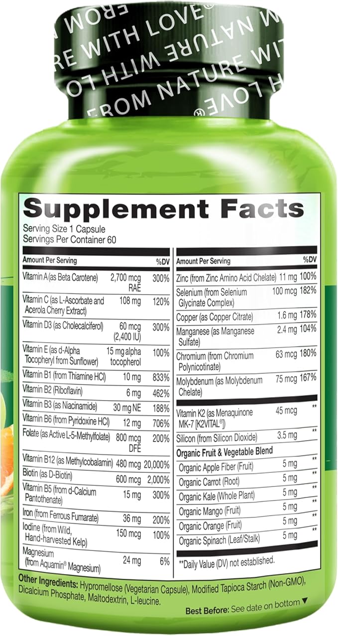 NATURELO Bariatric Multivitamin - One Daily with Iron - Supplement for Post Gastric Bypass Surgery Patients - Natural Whole Food Nutrition - 60 Veggie Capsules-SeraviaPure