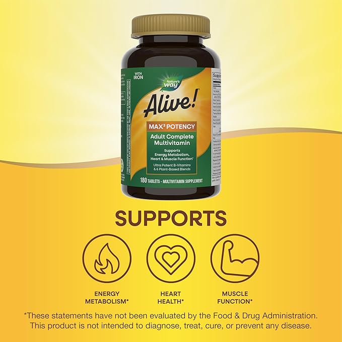 Nature's Way Alive! Max3 Potency Adult Complete Multivitamin, Ultra Potency B-vitamins to Support Energy Metabolism*, with Methylated B12 and Folate, 180 Tablets (Packaging May Vary)-SeraviaPure