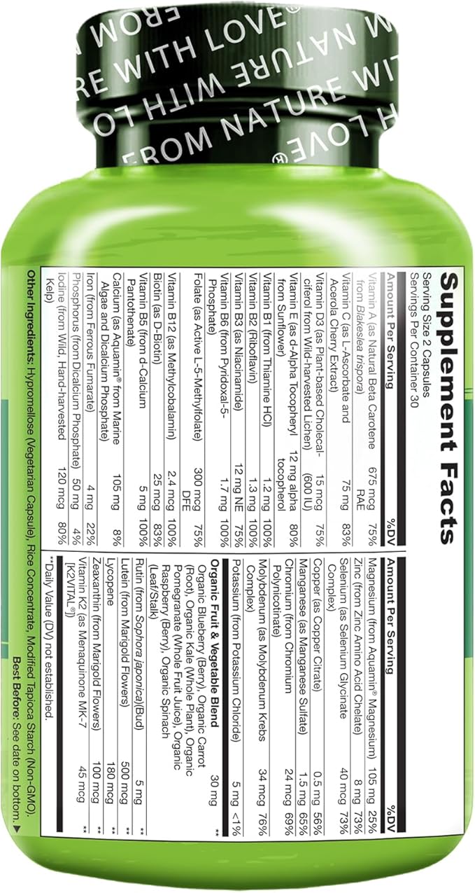 NATURELO Whole Food Multivitamin for Teens - Vitamins and Minerals for Teenage Boys and Girls - Supplement for Active Kids - with Organic Whole Foods - Non-GMO - Vegan & Vegetarian - 60 Capsules-SeraviaPure