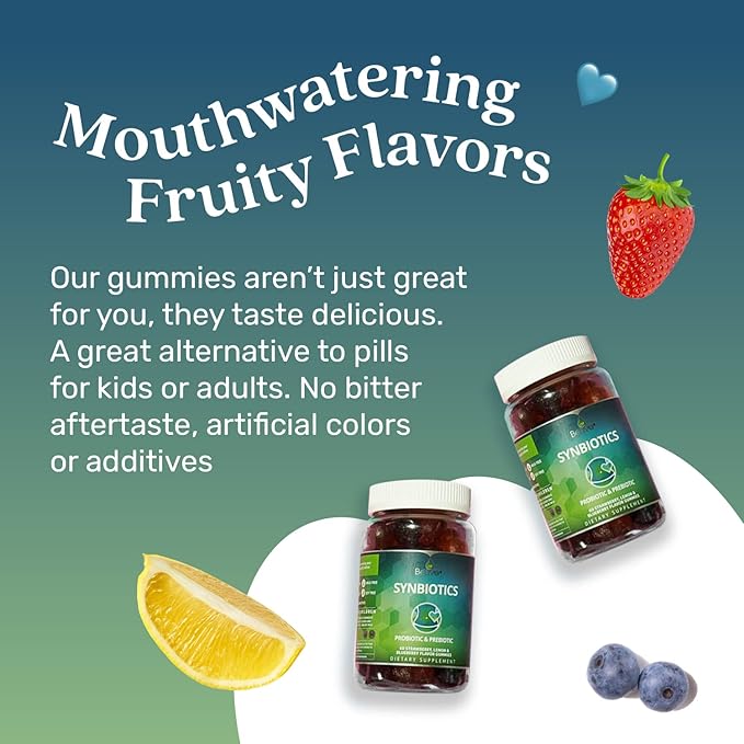 BeLive Synbiotics - Probiotic & Prebiotic Fiber Gummies – High Strength Inulin (3g), Dietary Fiber Supplement, Digestive Support for Kids & Adults - Strawberry, Lemon, Blueberry Flavor (60Ct)-SeraviaPure