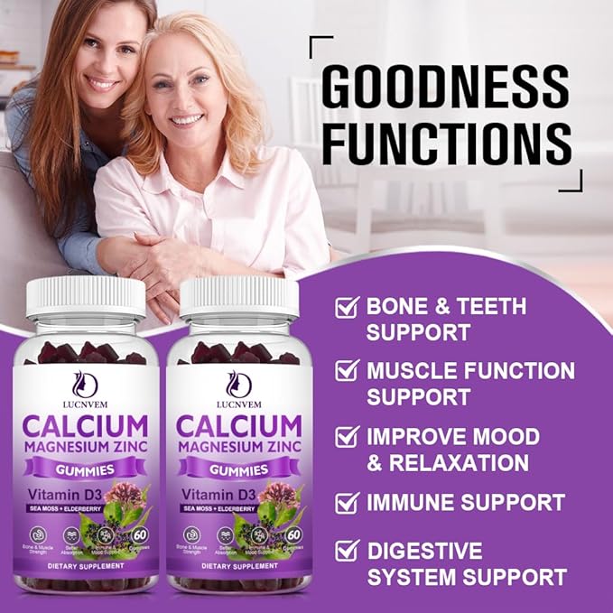 (2 Pack) Sugar Free Calcium Magnesium Zinc Gummies, Calcium Magnesium 2:1, Contains Magnesium Glycinate, Vitamin D3, Sea Moss, for Bones, Muscles, Calm Mood & Sleep Support, Vegan, 120 Gummies-SeraviaPure