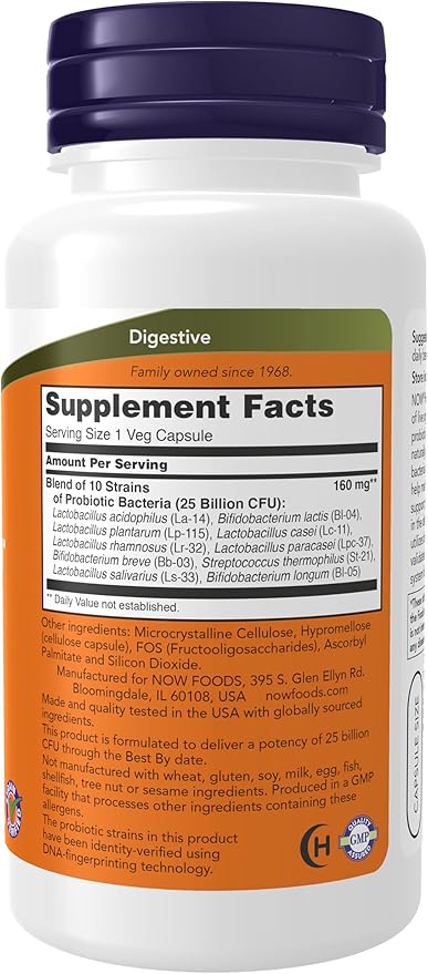 NOW Foods Supplements, Probiotic-10™, 25 Billion, with 10 Probiotic Strains, Dairy, Soy and Gluten Free, Strain Verified, 100 Veg Capsules-SeraviaPure